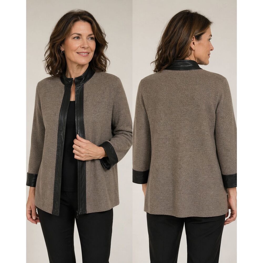 Doncaster 100% Wool Sweater Leather Trim 3/4 sleeve taupe Zipper Cardigan jacket